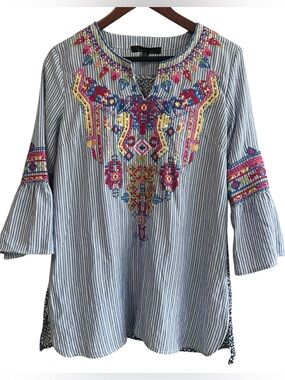 Calessa Embroidered Stripe Mixed Media Tunic Blouse Bell Sleeve Size Small